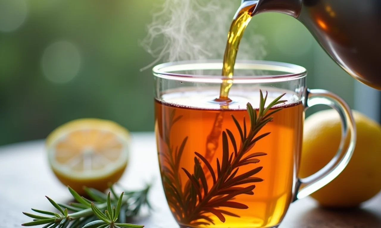 Chá de alecrim e limão sendo servido em um copo de vidro.