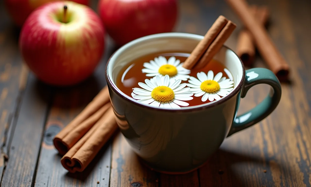 Chá de camomila com maçã, canela e cravo em caneca rústica.