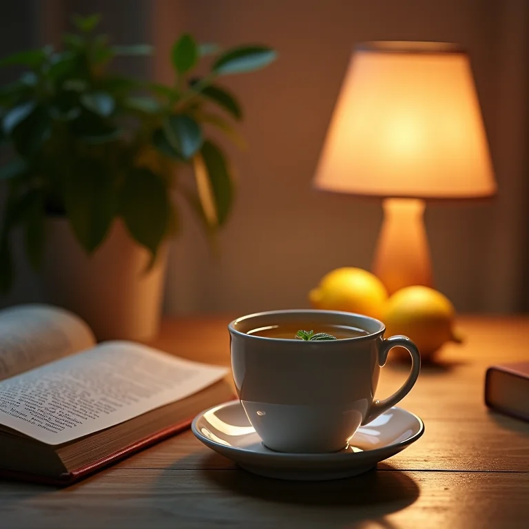 Chá de capim-cidreira ao lado da cama, promovendo uma noite de sono tranquila.