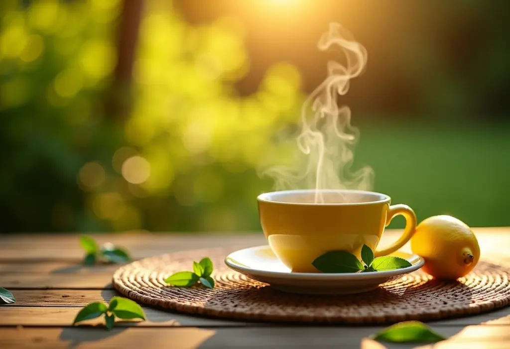 Chá de Capim-Cidreira servido em mesa de madeira rústica ao ar livre.