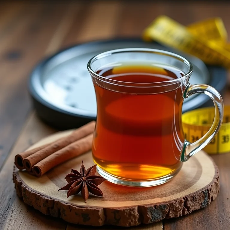 Chá de cravo e canela ao lado de balança e fita métrica, representando o auxílio no emagrecimento.