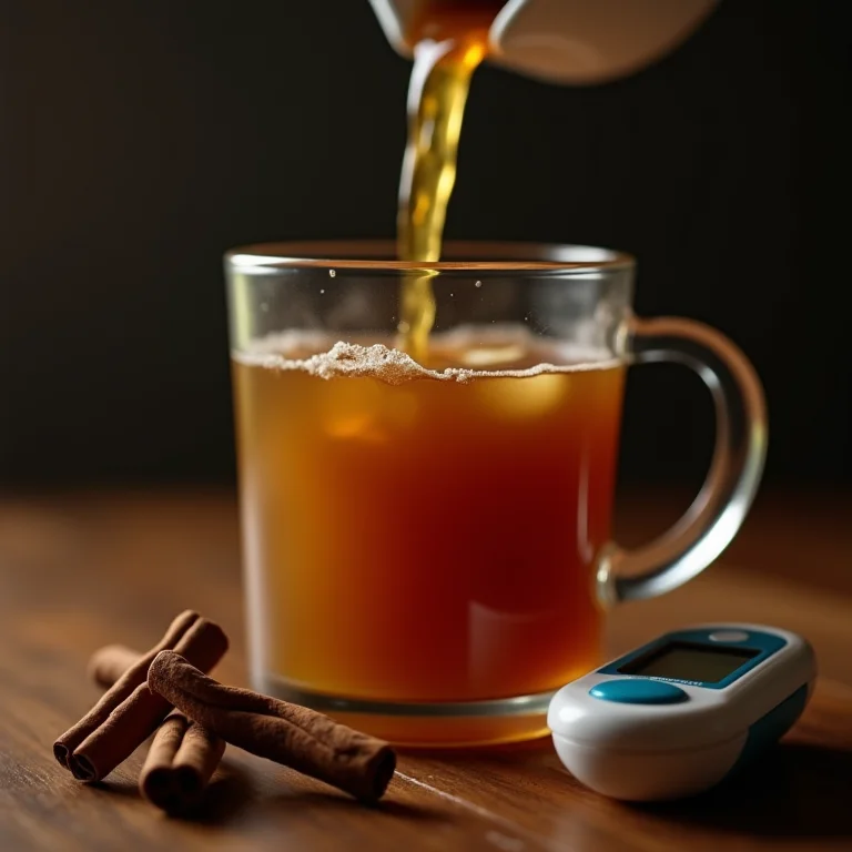 Chá de cravo e canela sendo servido, com um medidor de glicose ao fundo, representando a regulação dos níveis de açúcar.