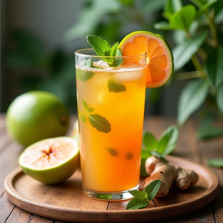 Chá de goiaba com gengibre e hortelã em mesa de madeira.