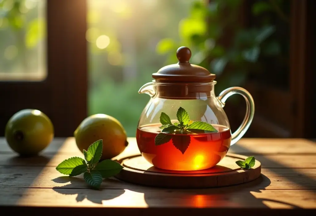 Chá de goiaba com hortelã servido em mesa rústica