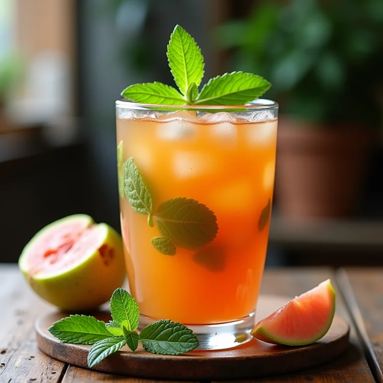 Chá de goiaba e hortelã com polpa e folhas, rico em fibras.