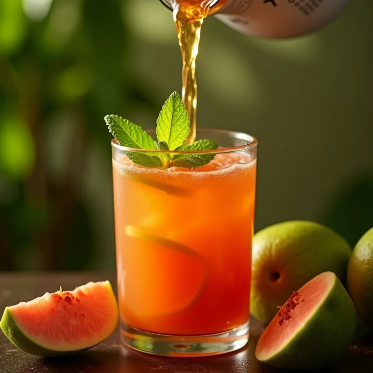 Chá de goiaba e hortelã sendo servido em um copo, close-up.