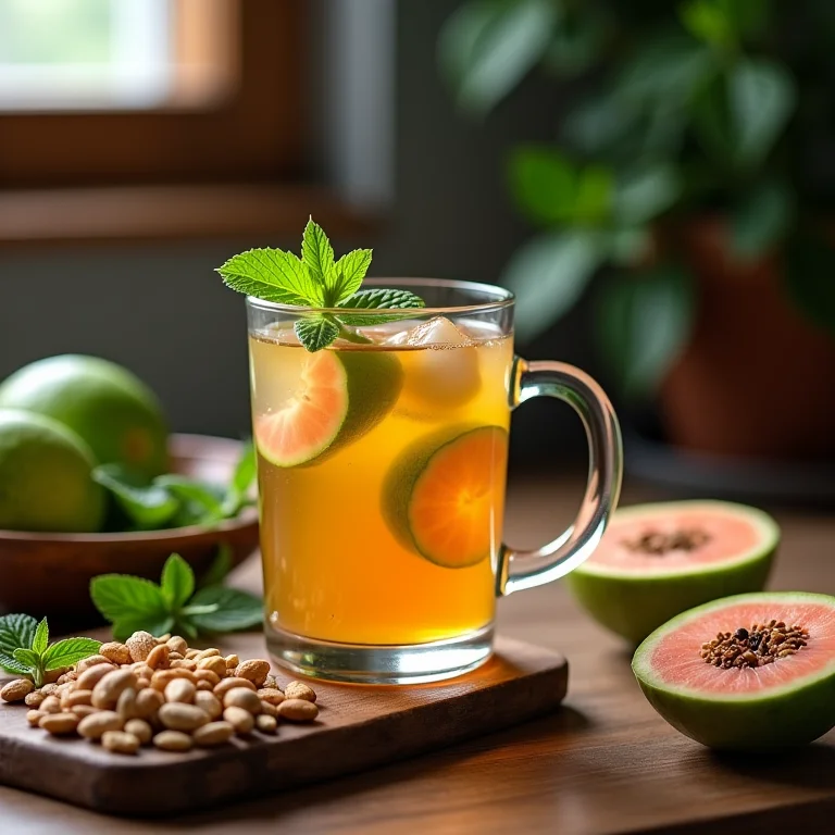 Chá de goiaba em cozinha rústica com nozes e sementes.