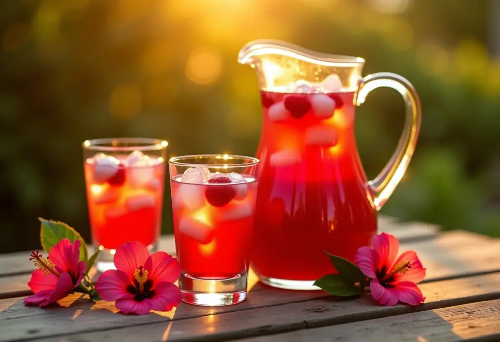 Chá de hibisco: O segredo para emagrecer sem sofrimento Chá de hibisco gelado refrescante em mesa rústica.