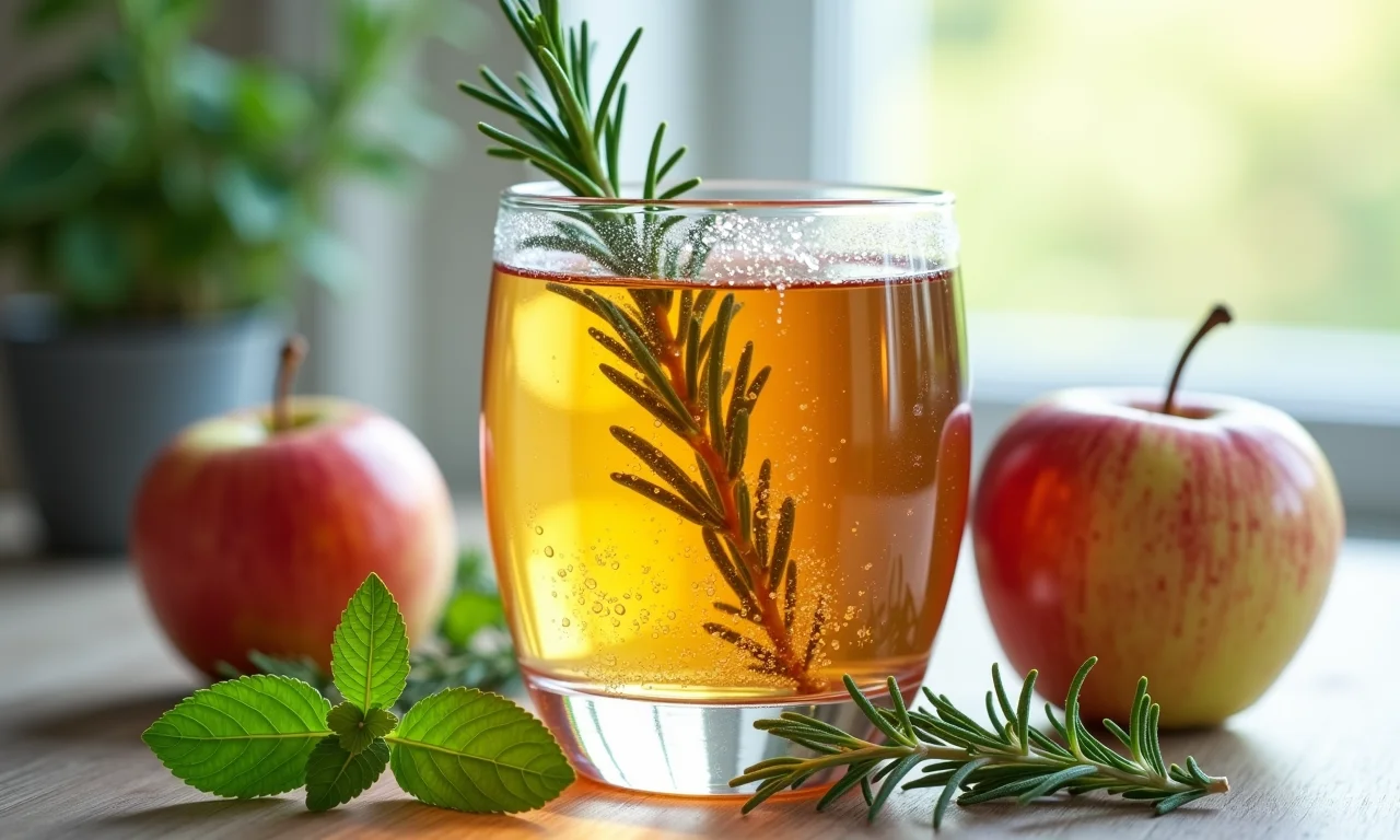 Chá de maçã com alecrim e hortelã em copo de vidro.