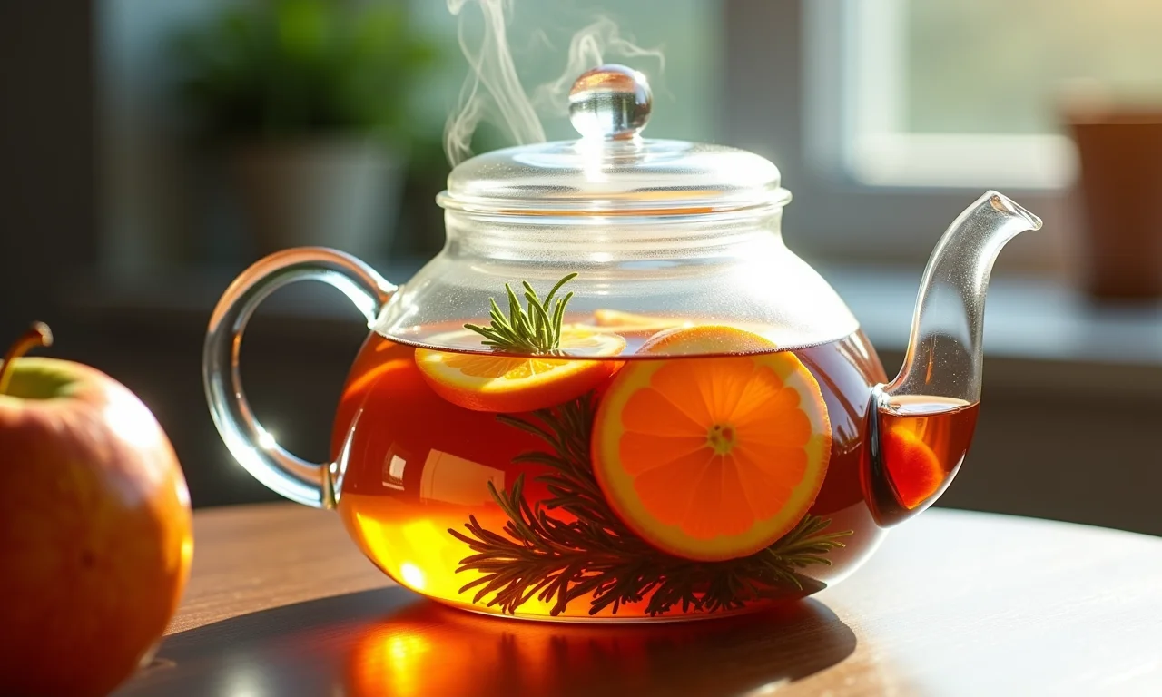 Chá de maçã com alecrim e laranja em bule de vidro.