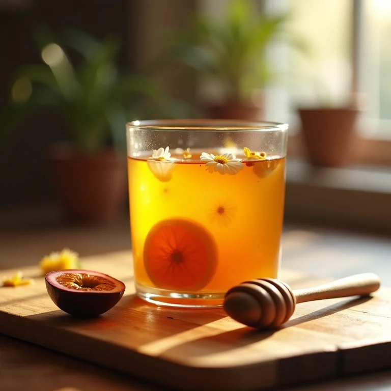 Chá de maracujá, camomila e mel em copo de vidro.