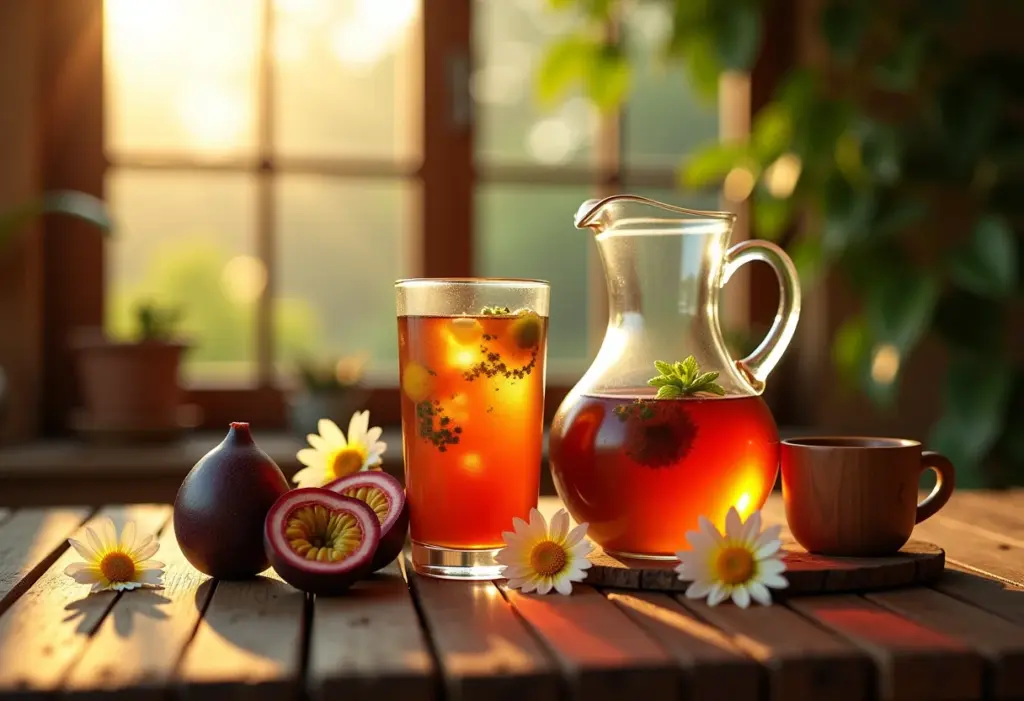 Chá de Maracujá com Camomila servido em mesa rústica