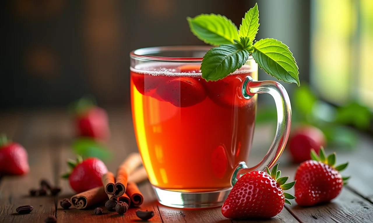 Chá de morango com manjericão e especiarias aromáticas.