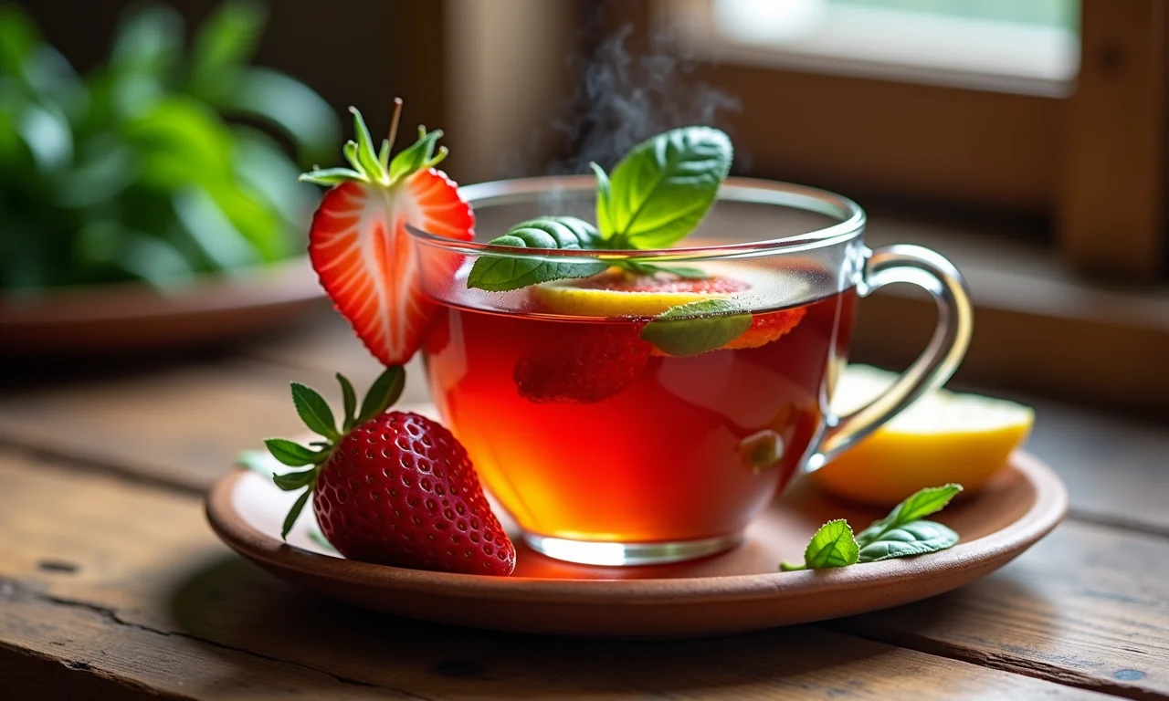 Chá de morango com manjericão e gengibre em xícara.