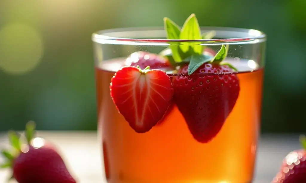Chá de morango com manjericão em copo de vidro, estilo Farm Rio.