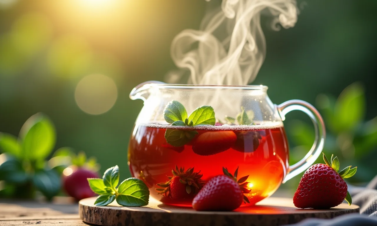 Chá de morango com manjericão em infusão, com vapor.