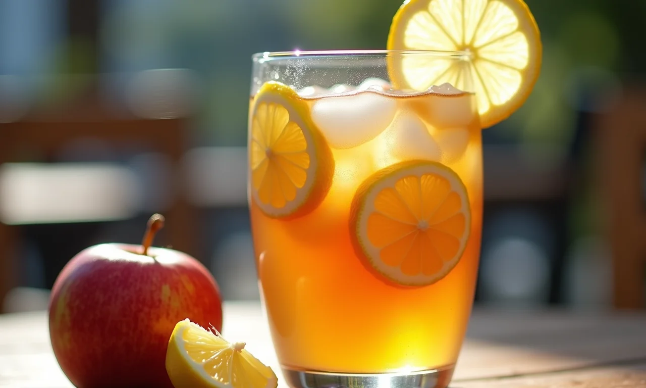 Chá gelado de camomila com maçã e limão em copo.