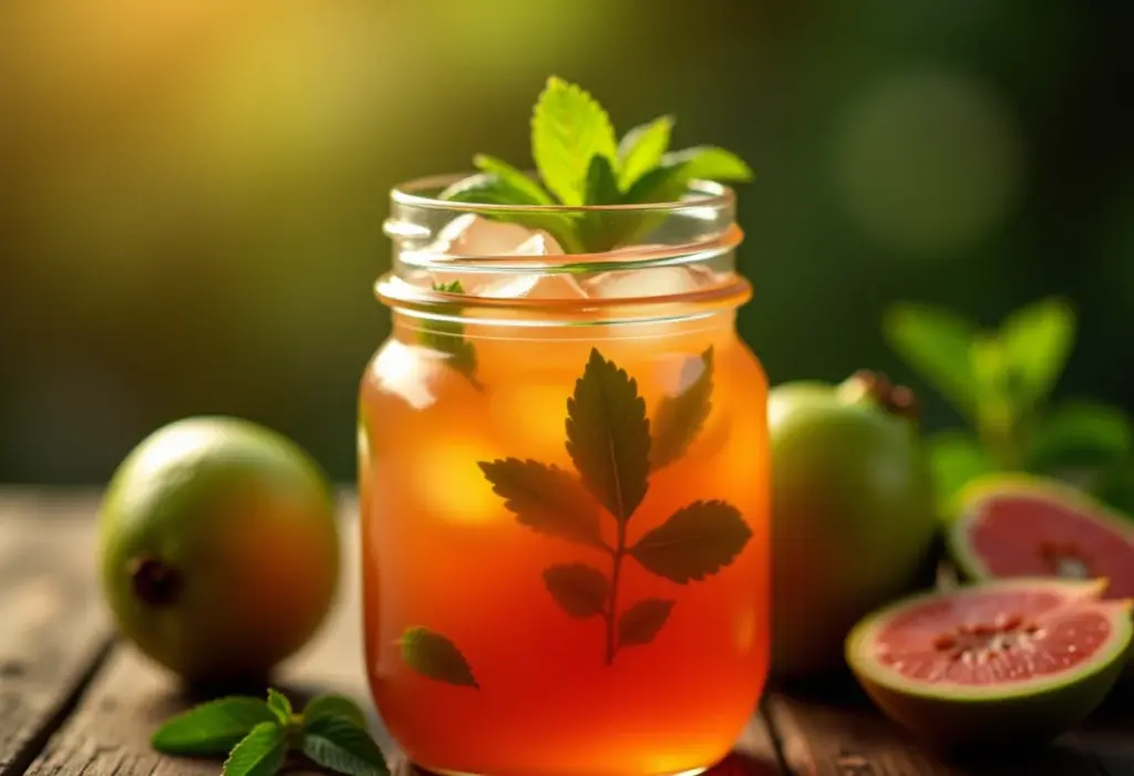 Chá gelado de goiaba com hortelã em mesa de madeira rústica.