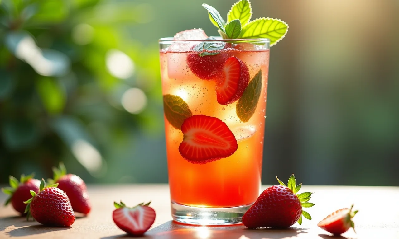 Chá gelado de morango com manjericão em copo alto, refrescante.