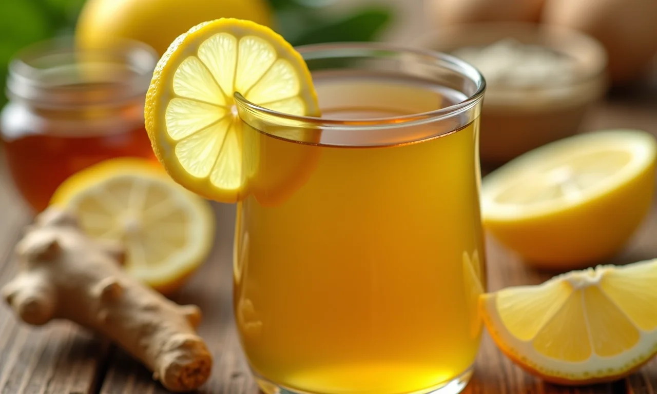 Chá verde com limão e ingredientes para fortalecer a imunidade.