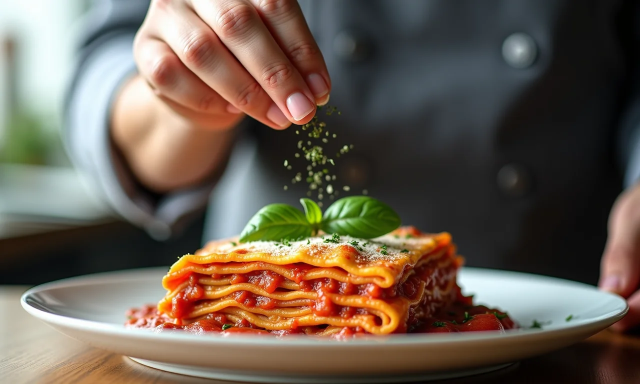 Chef adicionando ervas frescas à lasanha.