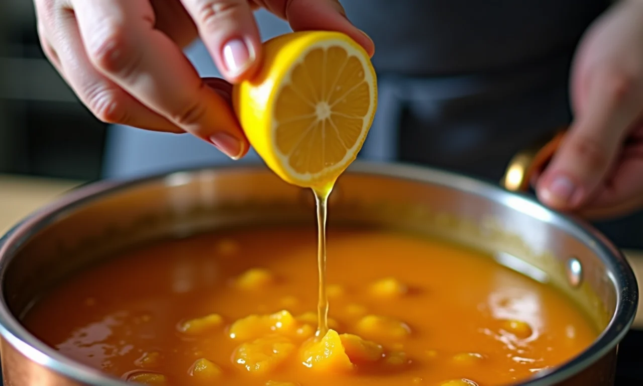 Chef adicionando limão ao doce de laranja.