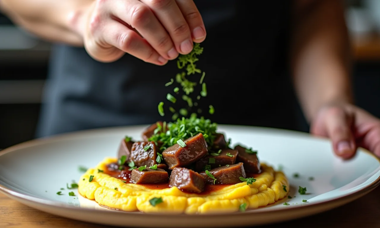 Chef finalizando polenta com ossobuco com ervas frescas.