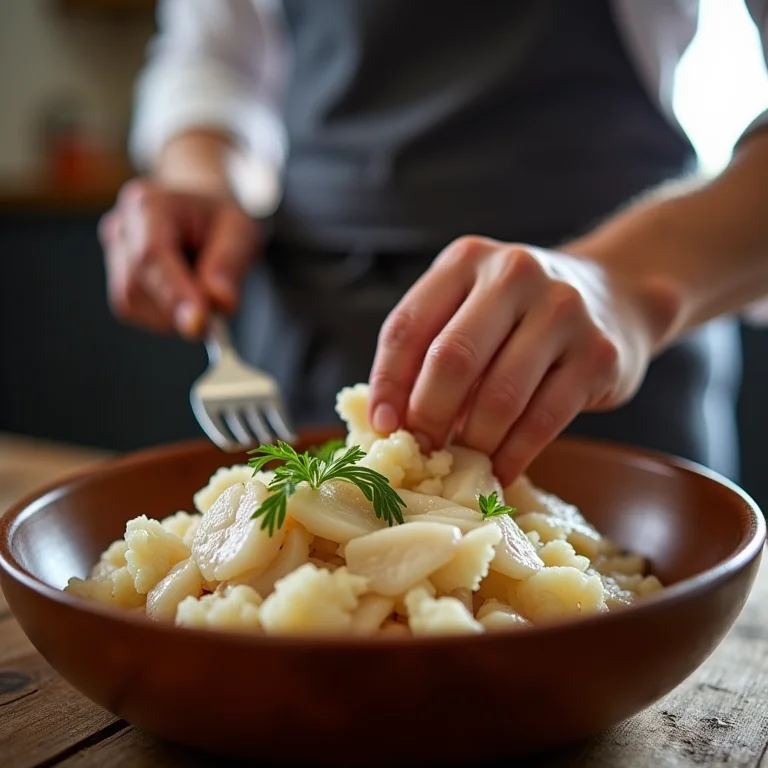 Chef selecionando bacalhau de qualidade para a Torta Capixaba.