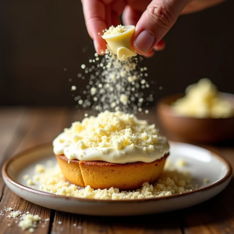 Chocolate branco ralado sendo polvilhado sobre uma sobremesa.