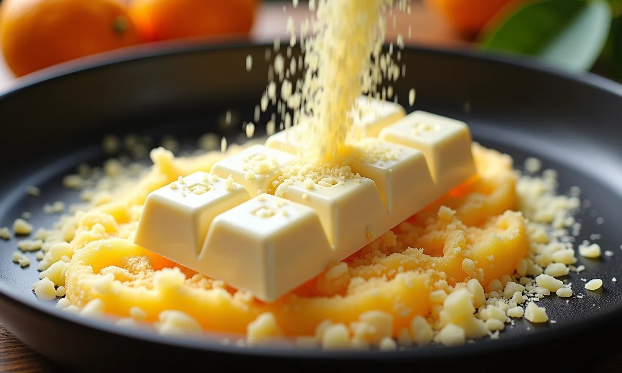 Chocolate branco sendo ralado para adicionar ao brigadeiro de laranja.