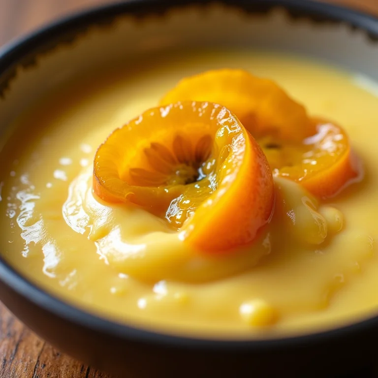 Close do pudim de maracujá mostrando sua textura cremosa.