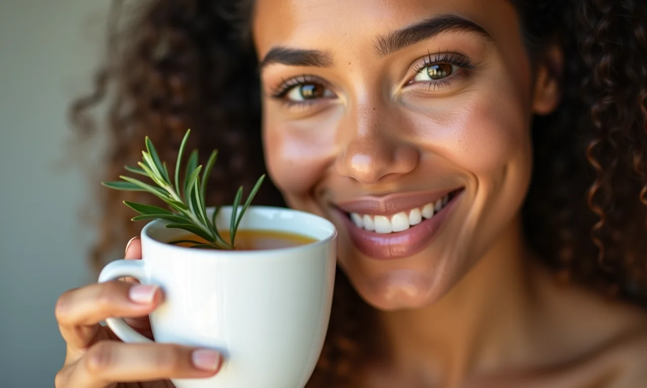 Close-up da pele radiante de uma mulher bebendo chá.