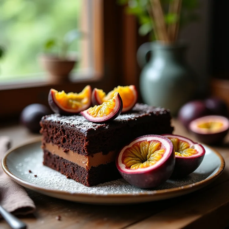 Close-up da textura do bolo de maracujá com chocolate