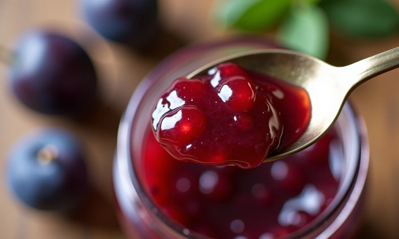 Close-up de colher retirando geleia de ameixa de um pote.