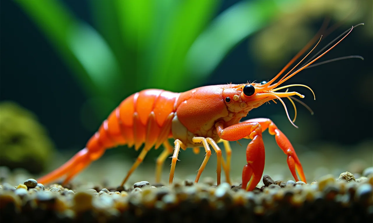 Close-up de um camarão-da-Malásia (Macrobrachium rosenbergii).