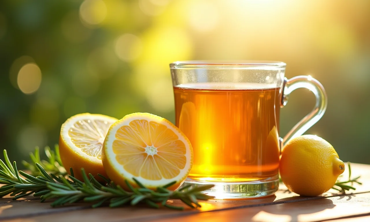 Close-up do chá de alecrim e limão mostrando antioxidantes.