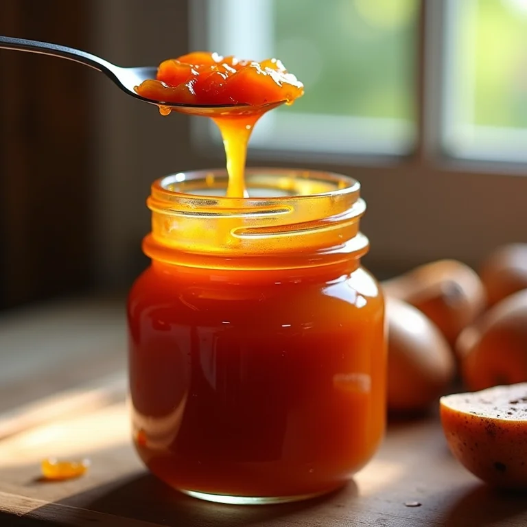 Close-up do doce de mangaba em um pote de vidro, mostrando a textura