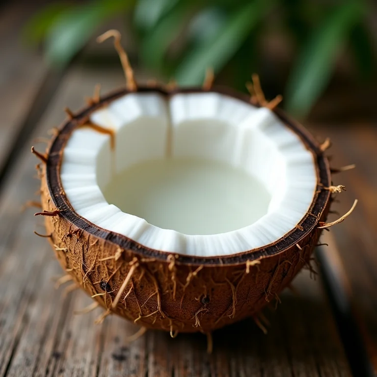 Coco fresco rachado, revelando a polpa branca e água de coco.
