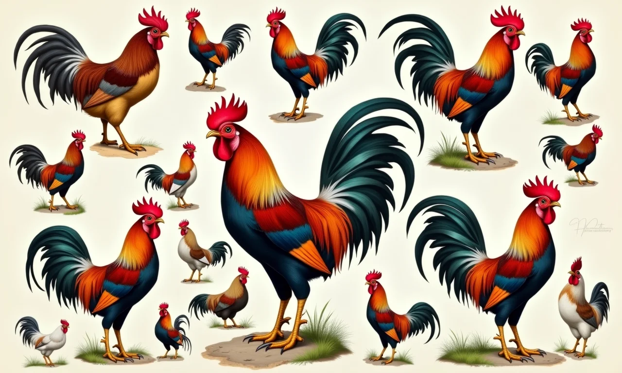Colagem de raças de galos e ilustrações históricas.