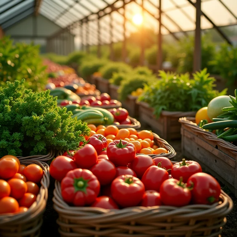 Colheita abundante de vegetais coloridos em uma estufa.