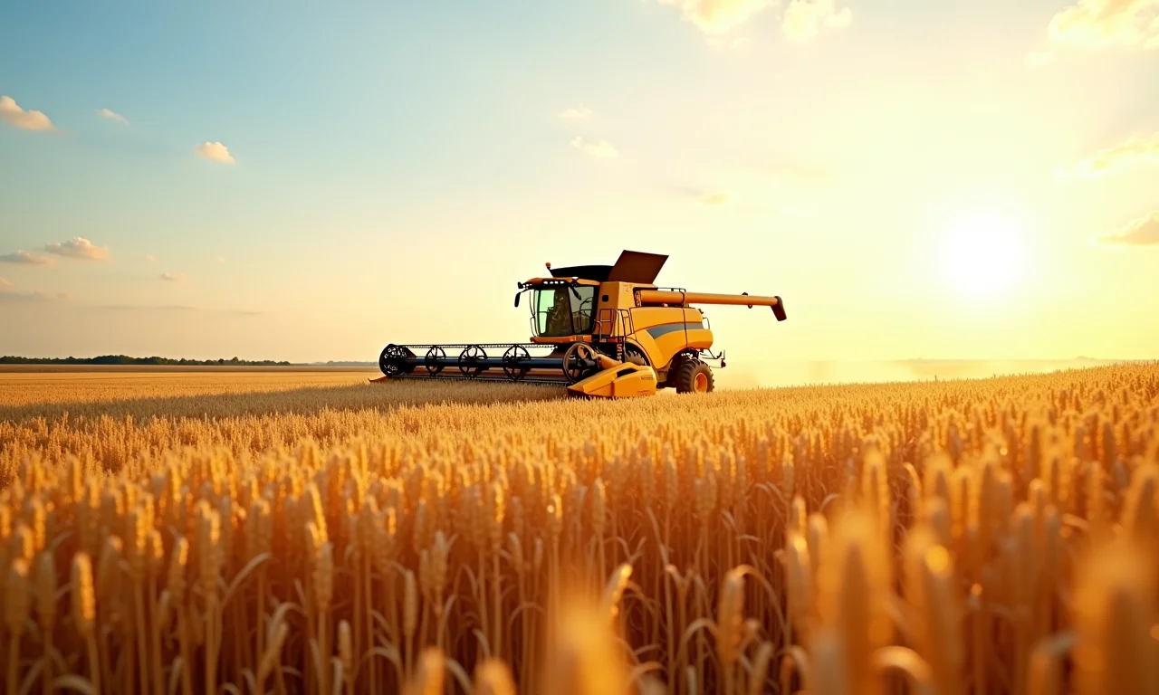 Colheita de aveia com colheitadeira em dia ensolarado.