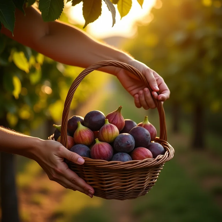 Colhendo figos maduros em um pomar
