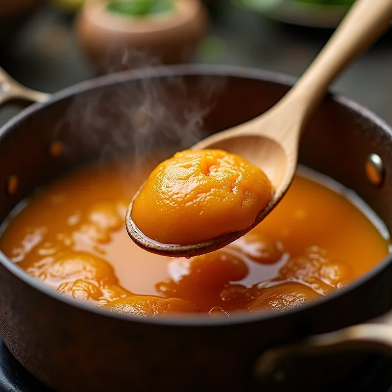 Colher de pau verificando o ponto do doce de abóbora.