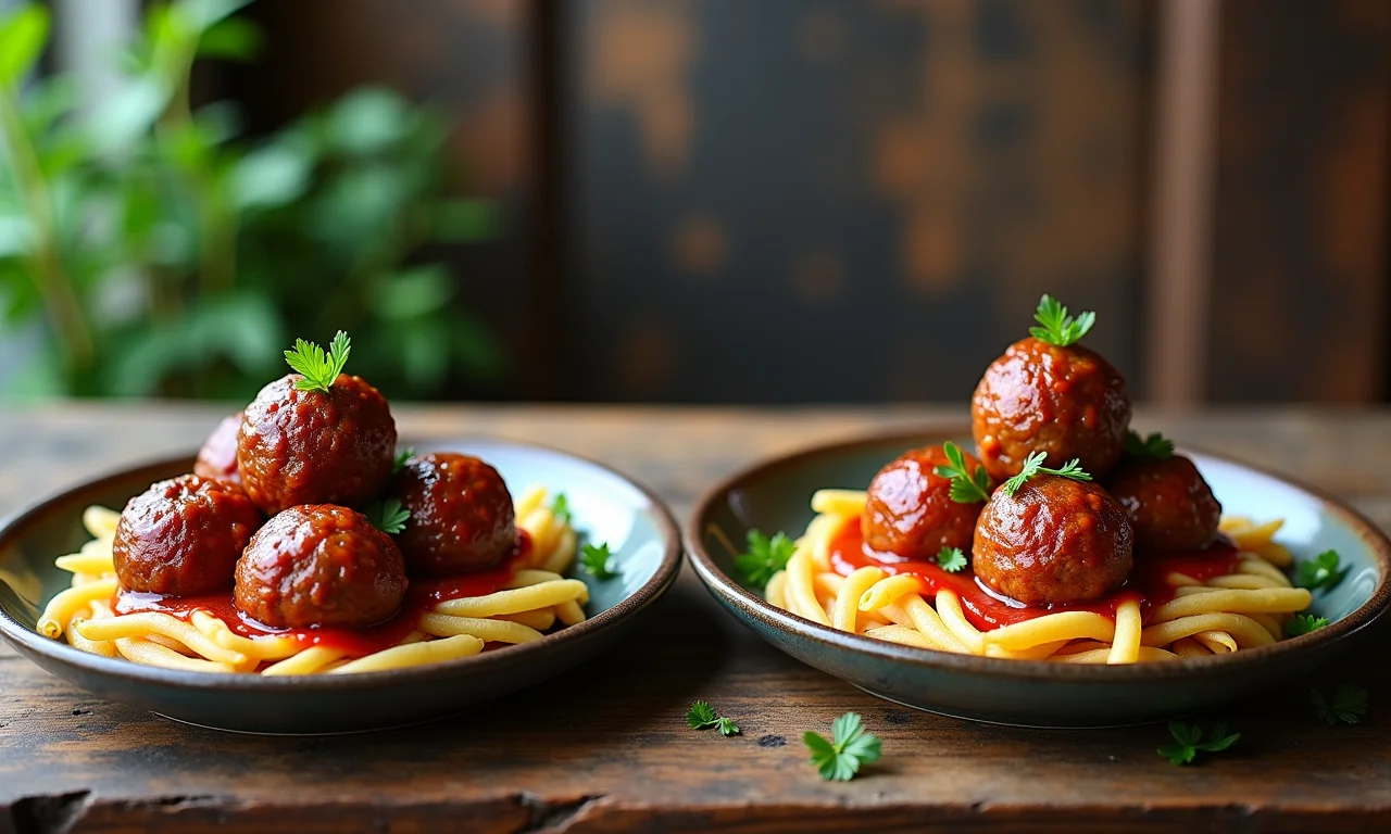 Comparação entre almôndegas de carne e peru em pratos separados em uma mesa rústica.