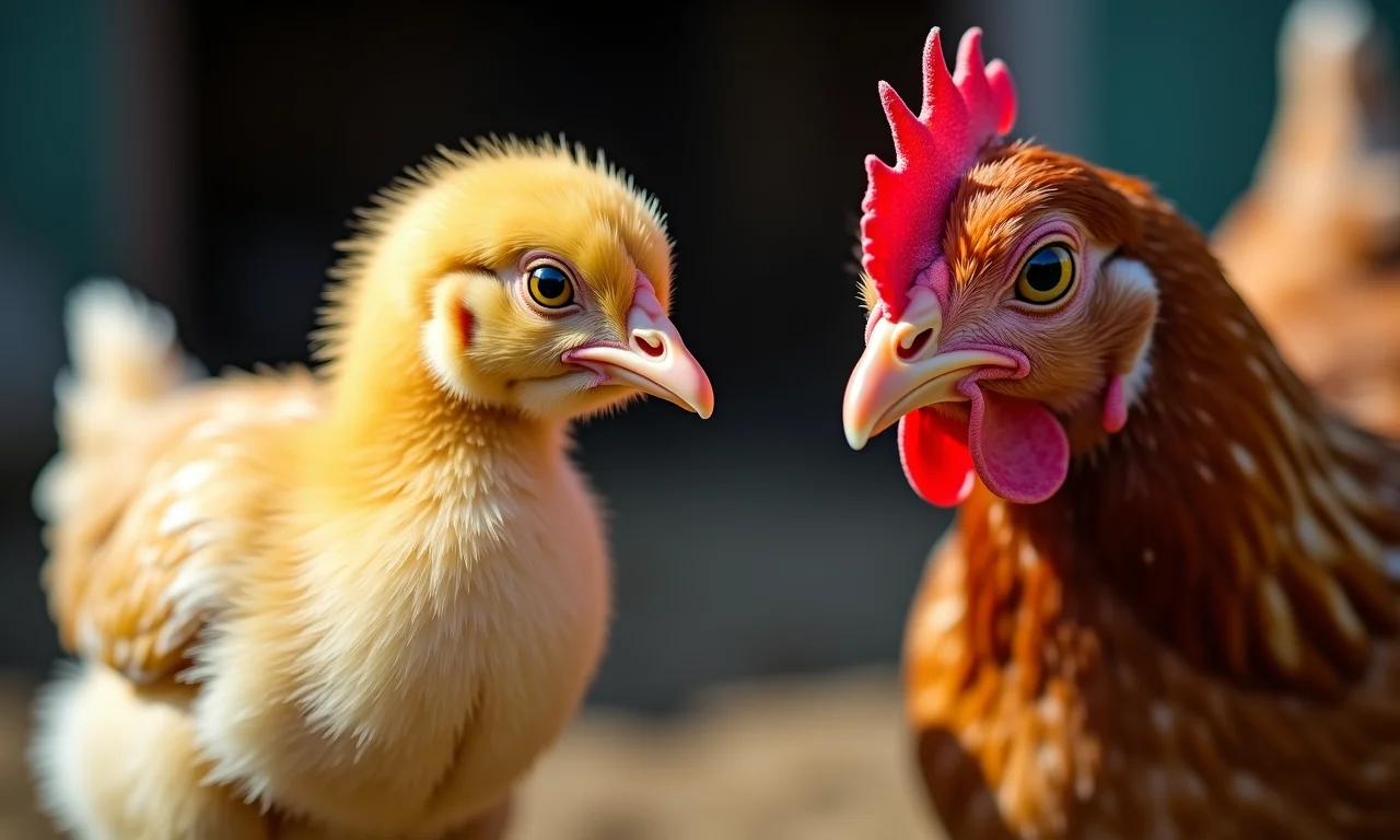 Comparativo visual de galinhas jovens e maduras em ambiente rural.