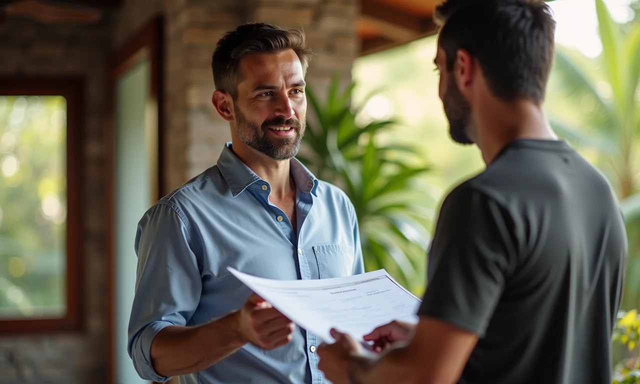Consultor explicando dimensionamento de aquecedor solar para proprietário em casa no Brasil.