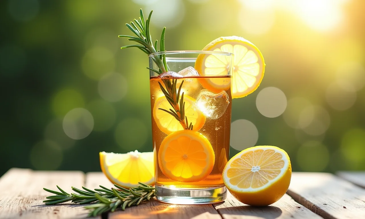 Copo de chá de alecrim e limão gelado com rodelas de limão.