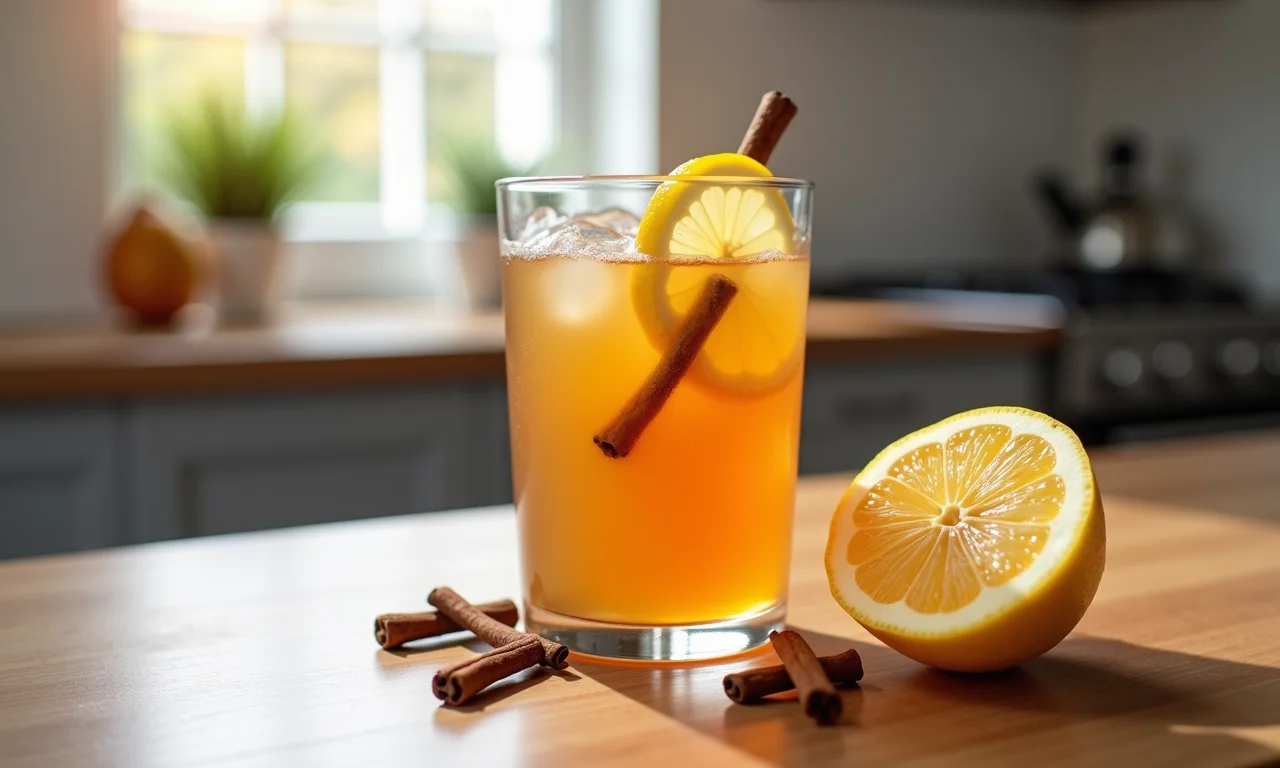 Copo de chá de maçã com cravo e limão, uma bebida refrescante para o inverno.