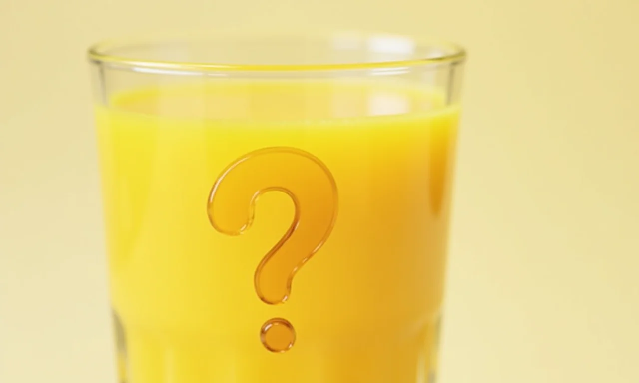 Copo de suco de manga com um ponto de interrogação.