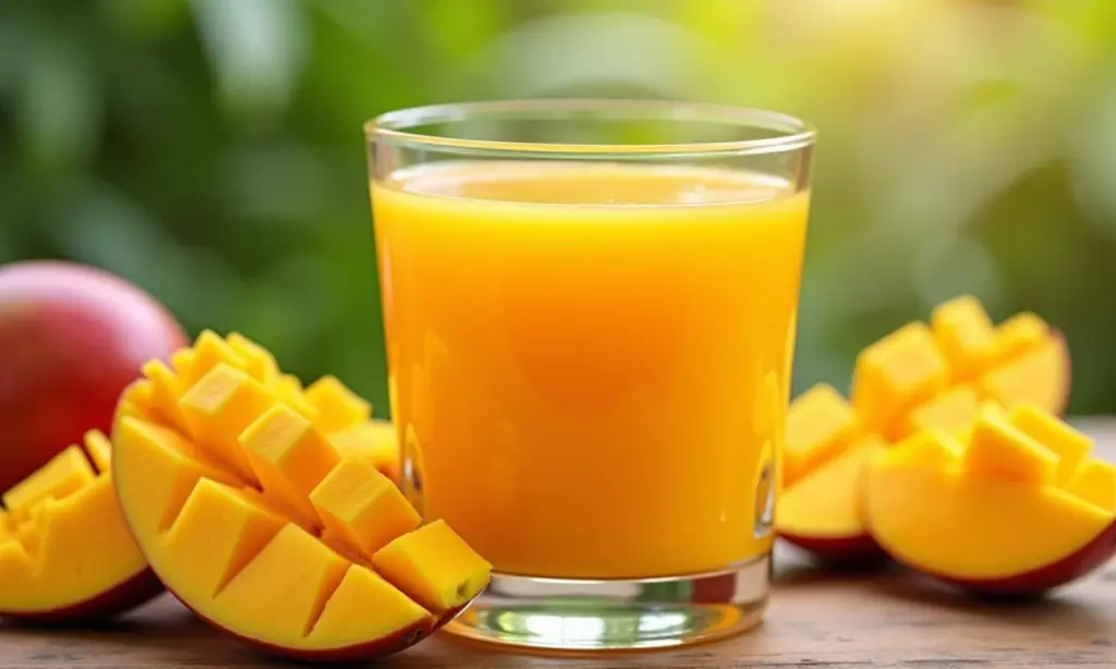 Copo de suco de manga cremoso e convidativo em um cenário tropical.